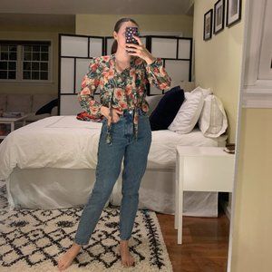 Zara Floral Long Sleeve Blouse with Bow Tie Front